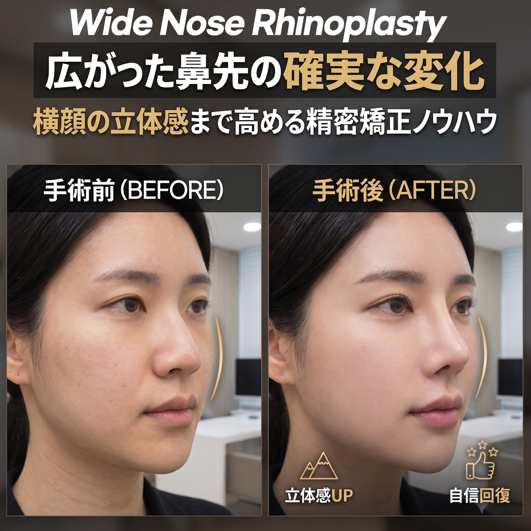 「広がった鼻の手術」術前後の立体感の比較と、コウォン形成外科の中顔面部改善ノウハウ